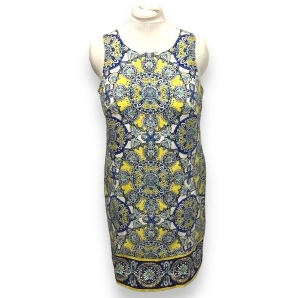 London Times Women’s Kaleidoscope Knee Length Sheath Dress, Blue/Yellow, sz 12